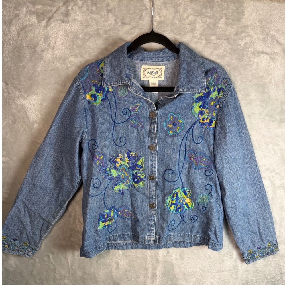 TANTRUMS Womens S Blue Denim Jacket Floral Embroidered Boho Cottagecore Cotton